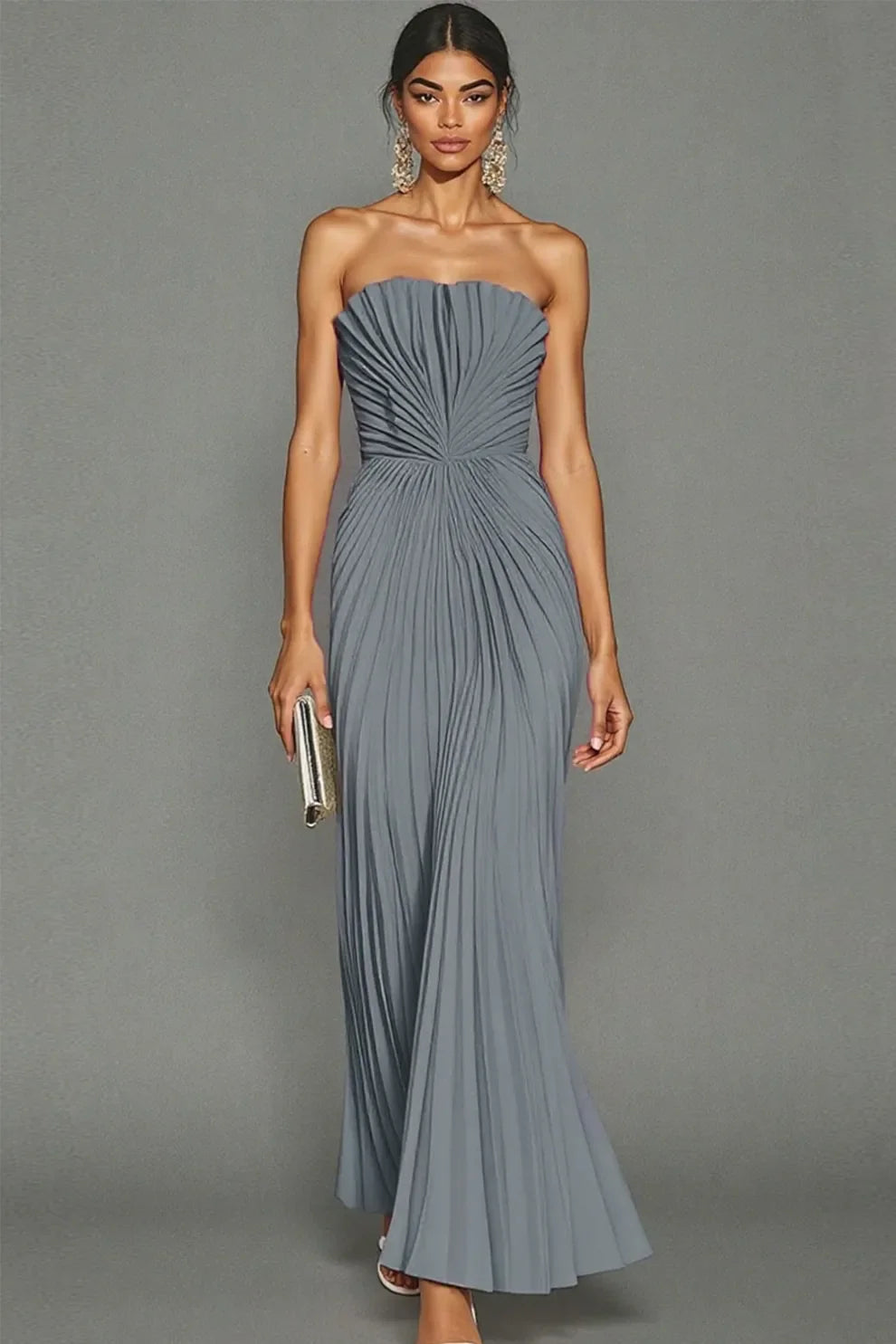 Women's Strapless Pleated Maxi Dress