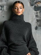 Women's Turtleneck Knit Midi Dress with Balloon Sleeves