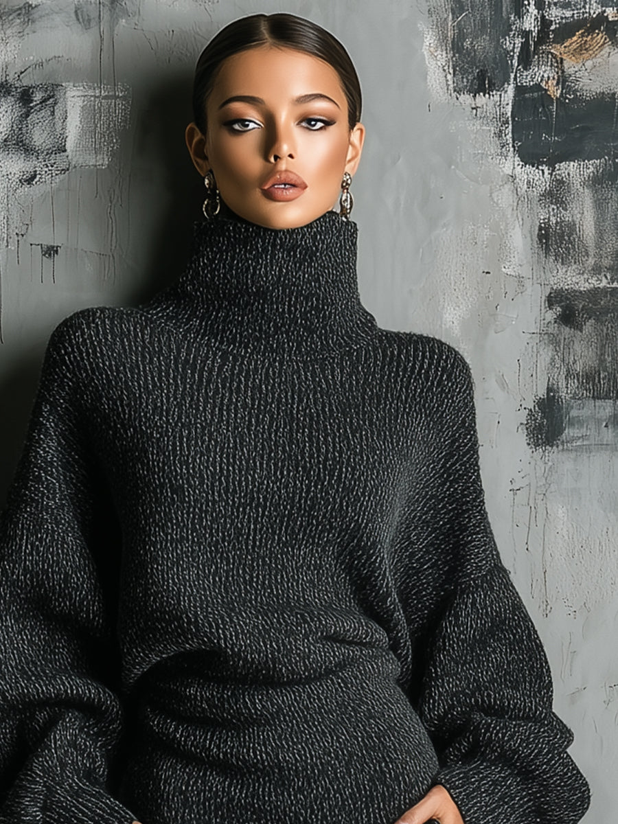 Women's Turtleneck Knit Midi Dress with Balloon Sleeves