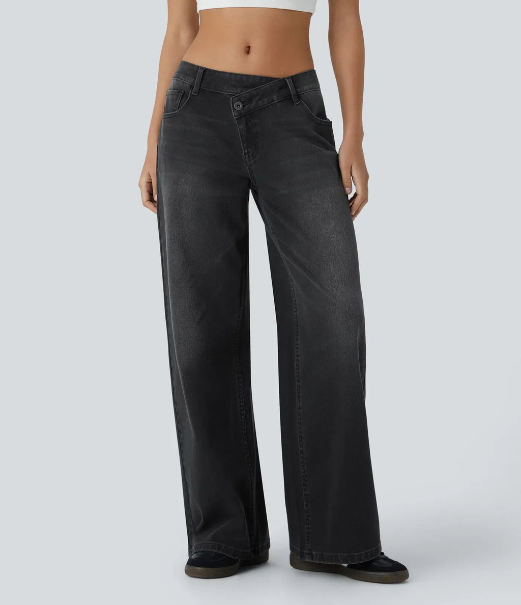 Women's Wide Leg Jeans with Asymmetric Waist