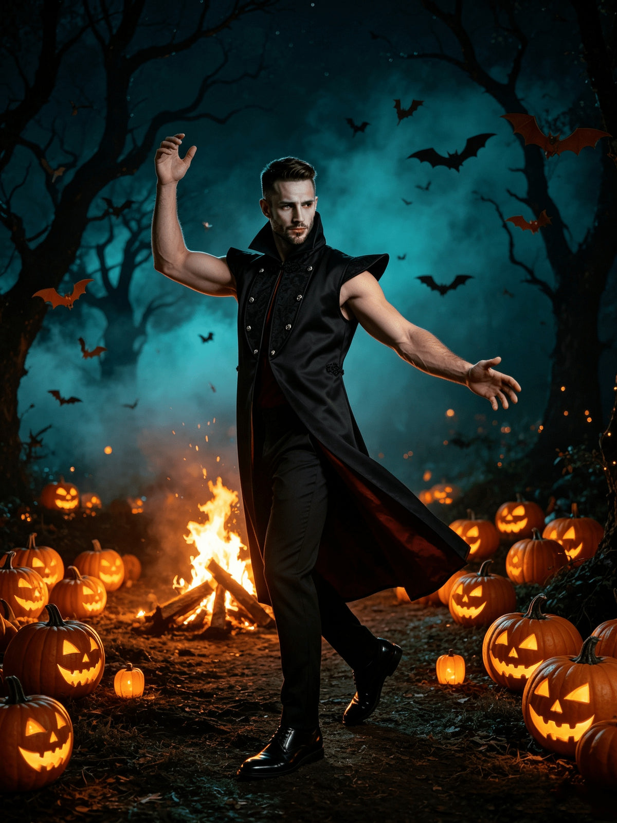 Men’s Halloween Vampire Costume with Long Cape