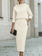 Women's Boat Neck Midi Dress with Three-Quarter Sleeves