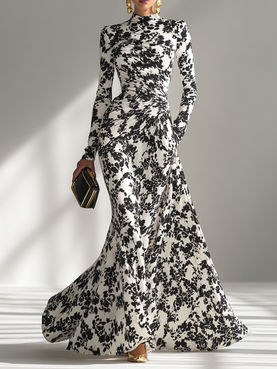Women's Floral Print Ruched Long Sleeve Maxi Dress