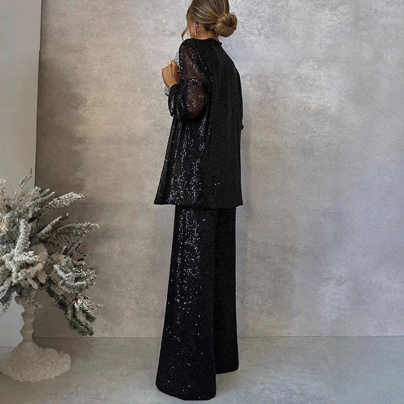 Women's Sequin Jacket and Wide-Leg Pants Set