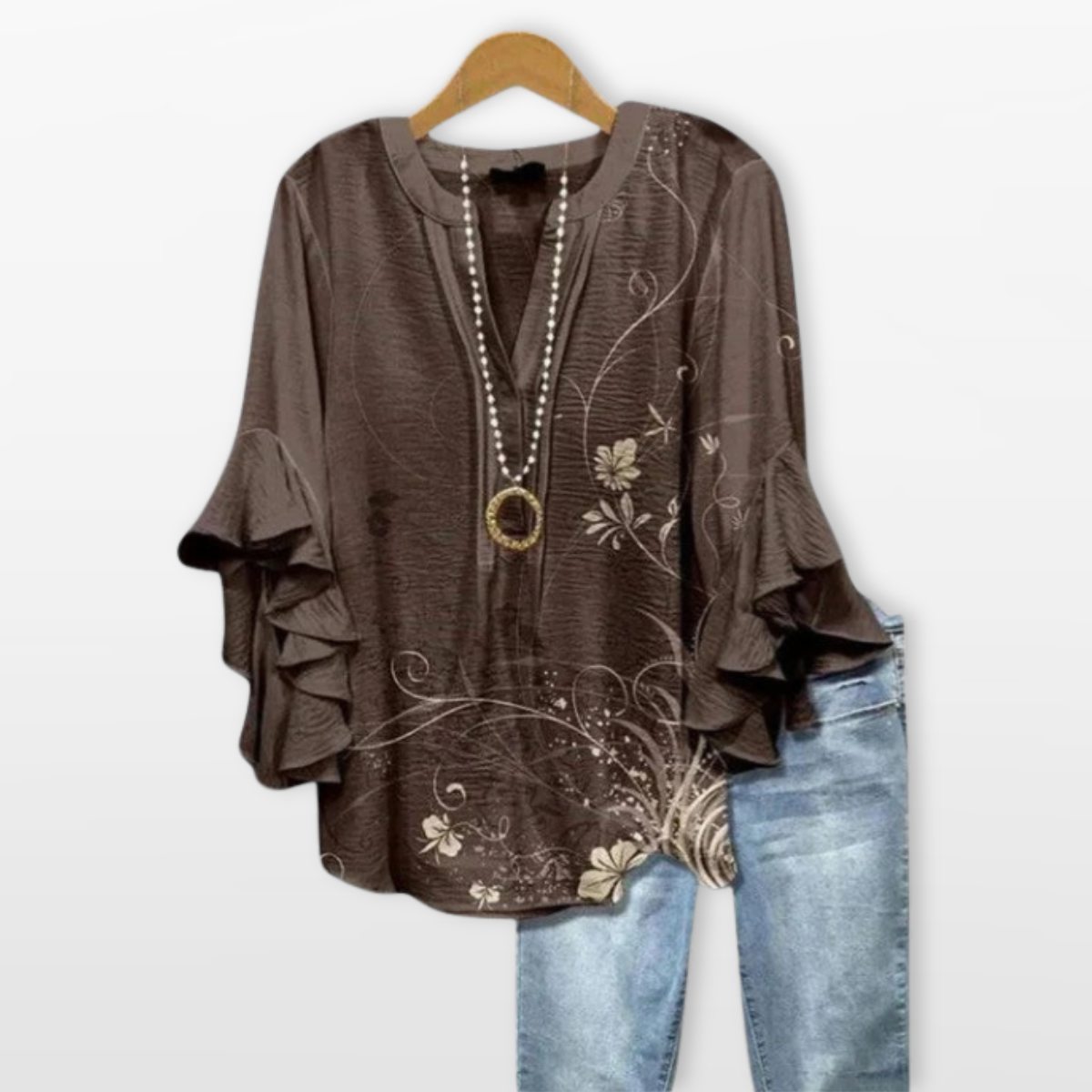 Women V Neck Blouse Floral Ruffle Sleeve