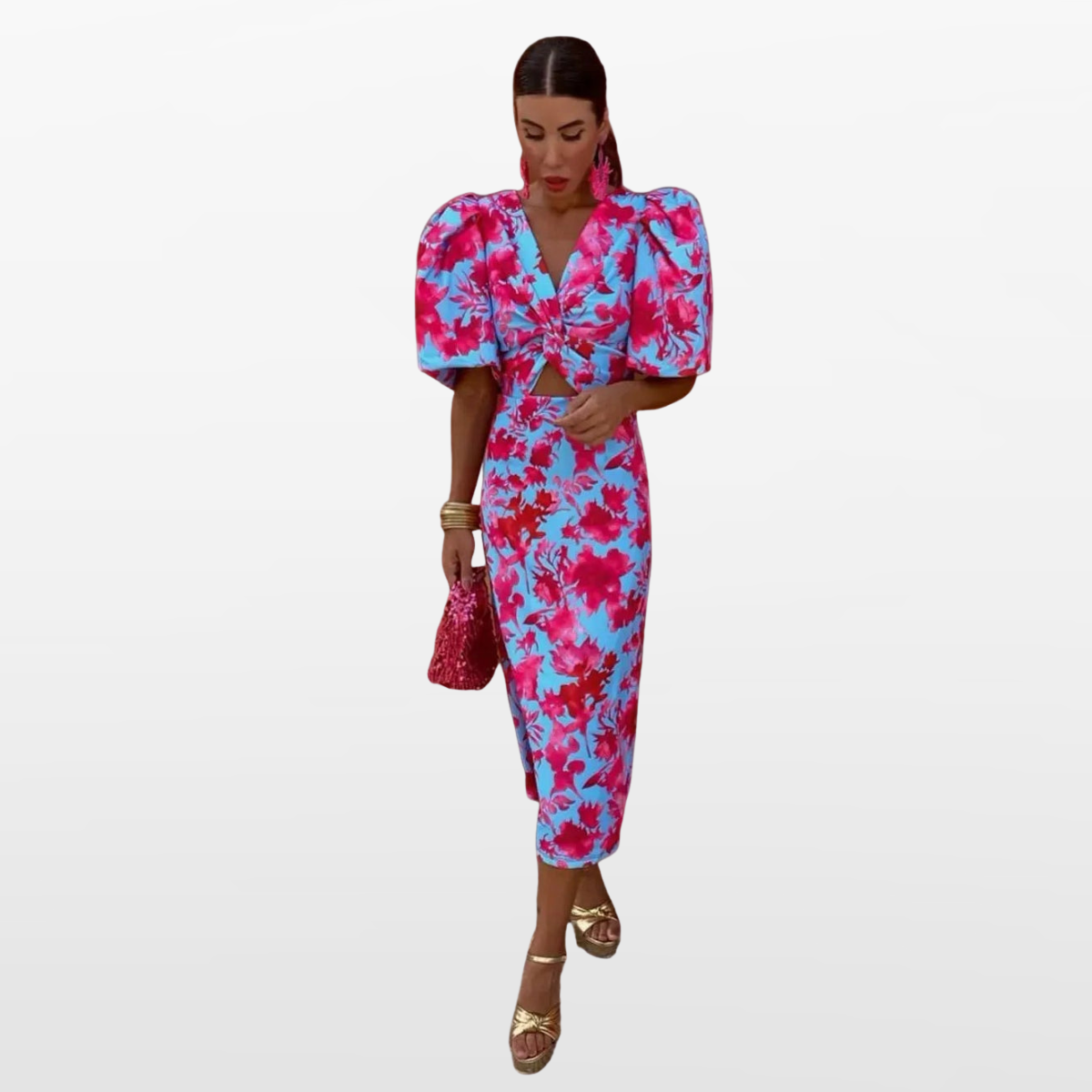 Women Ruched Puff Sleeve Midi Dress
