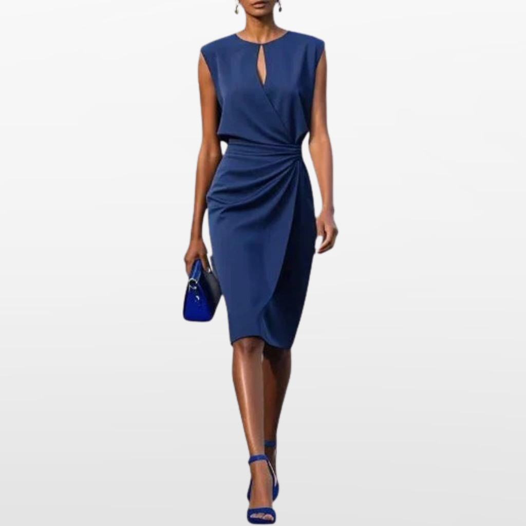 Women Elegant Midi Dress Pleated Waist
