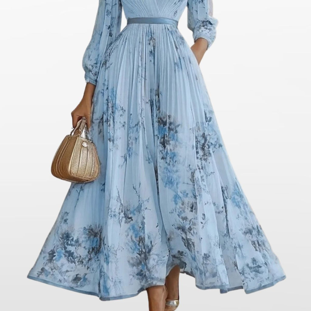 Women Elegant Pleated Maxi Dress V Neck