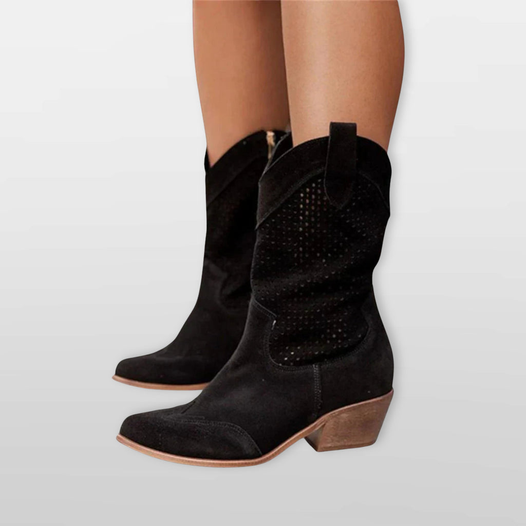 Women’s Perforated Cowboy Boots Western Suede
