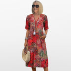 Women Boho Midi Dress V Neck