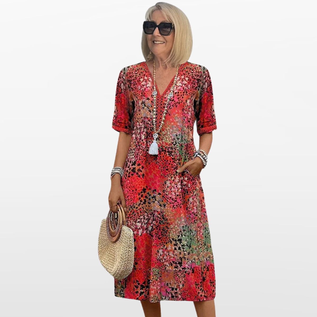 Women Boho Midi Dress V Neck