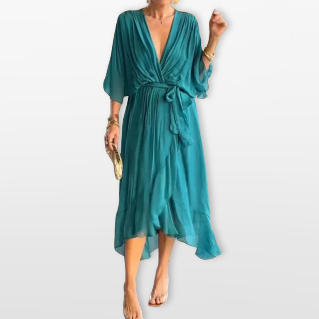 Women’s V Neck Midi Dress Flowy Wrap Dress