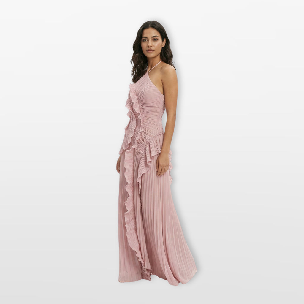 Women’s Pleated Ruffle Evening Dress Halter Maxi