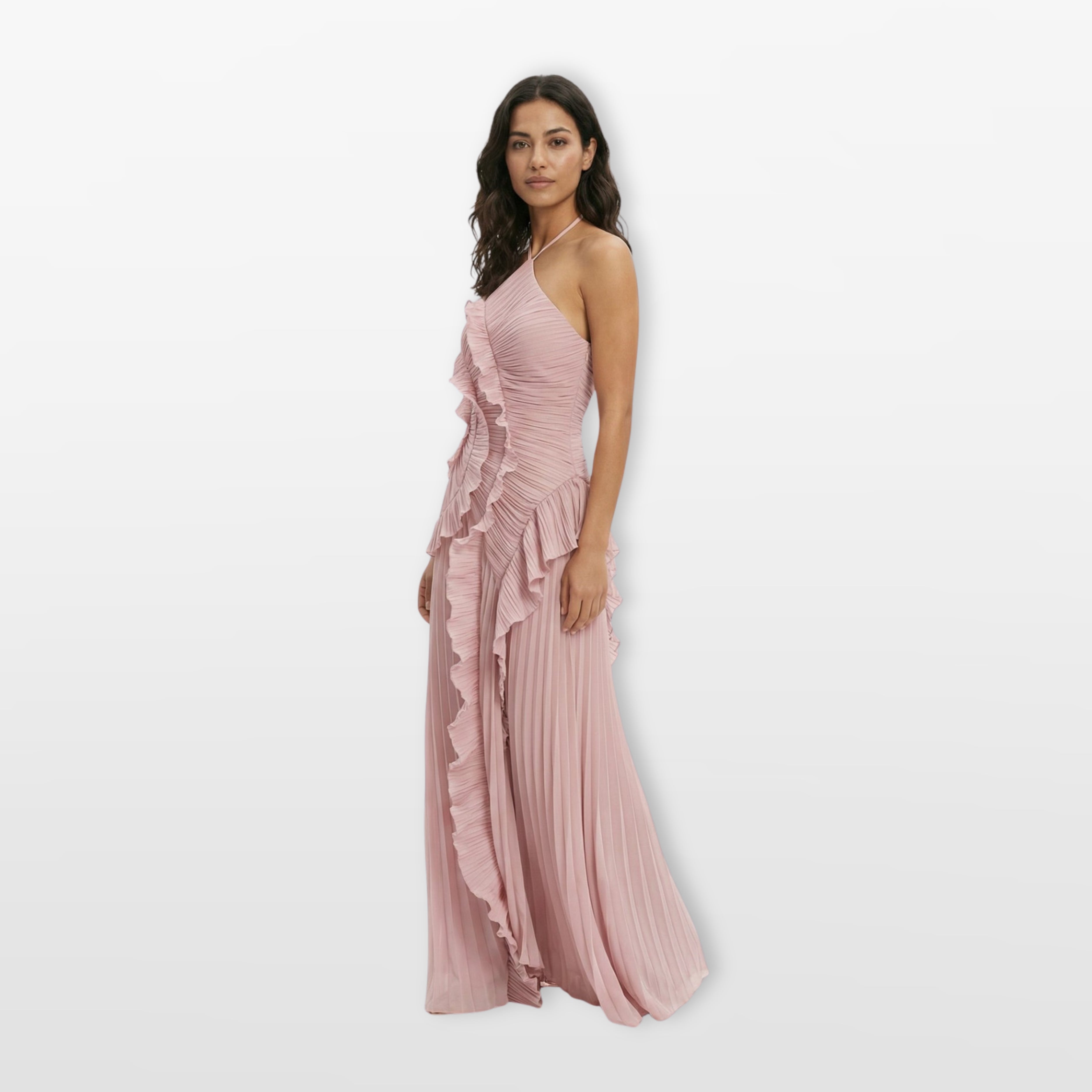 Women’s Pleated Ruffle Evening Dress Halter Maxi
