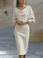 Women's Cowl Neck Knit Midi Dress with Batwing Sleeves