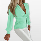 Women’s Long Sleeve V Neck Top Ruched Waist