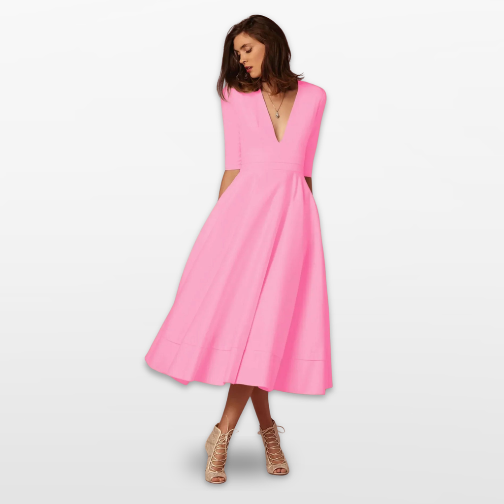 Women V Neck Fit and Flare Midi Dress