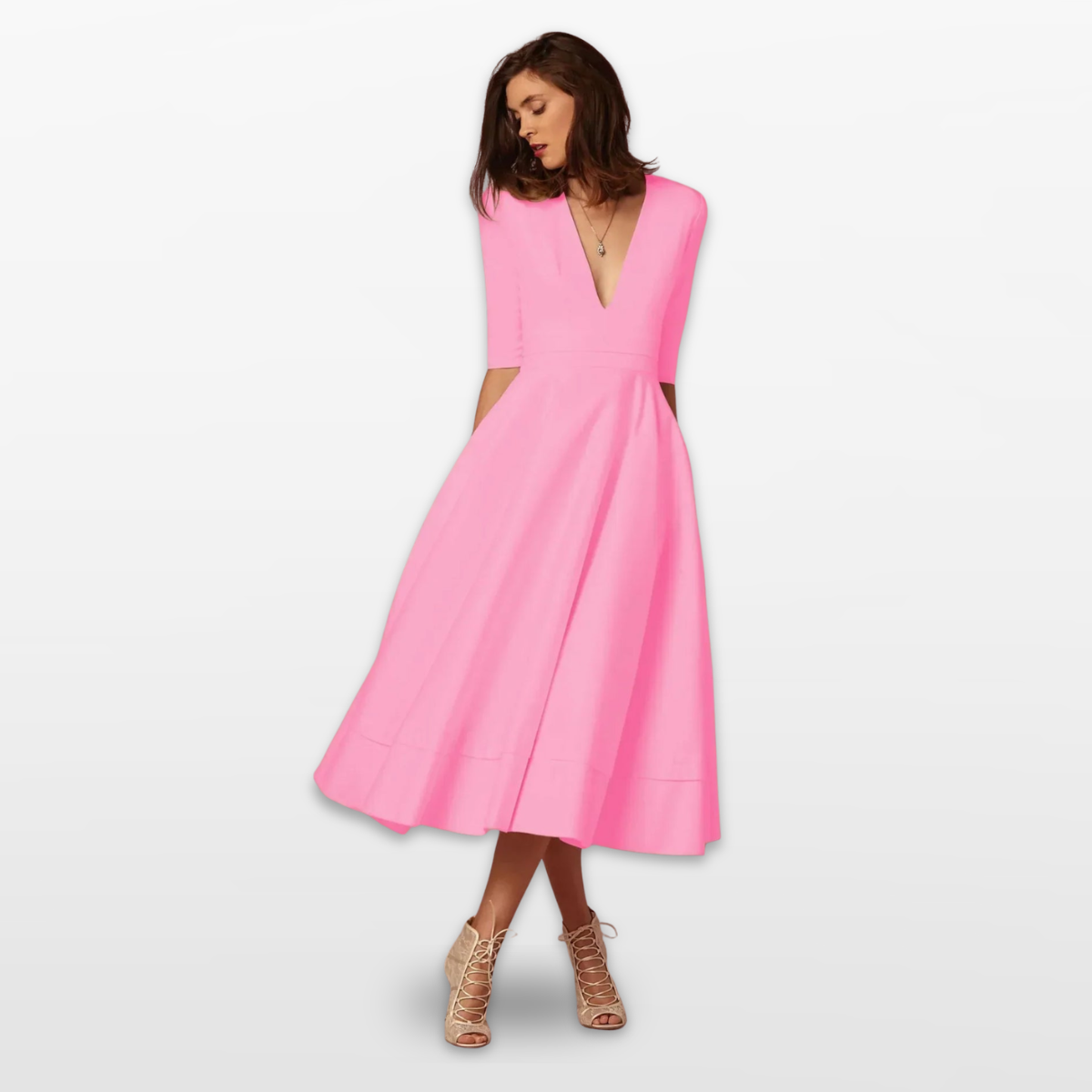 Women V Neck Fit and Flare Midi Dress