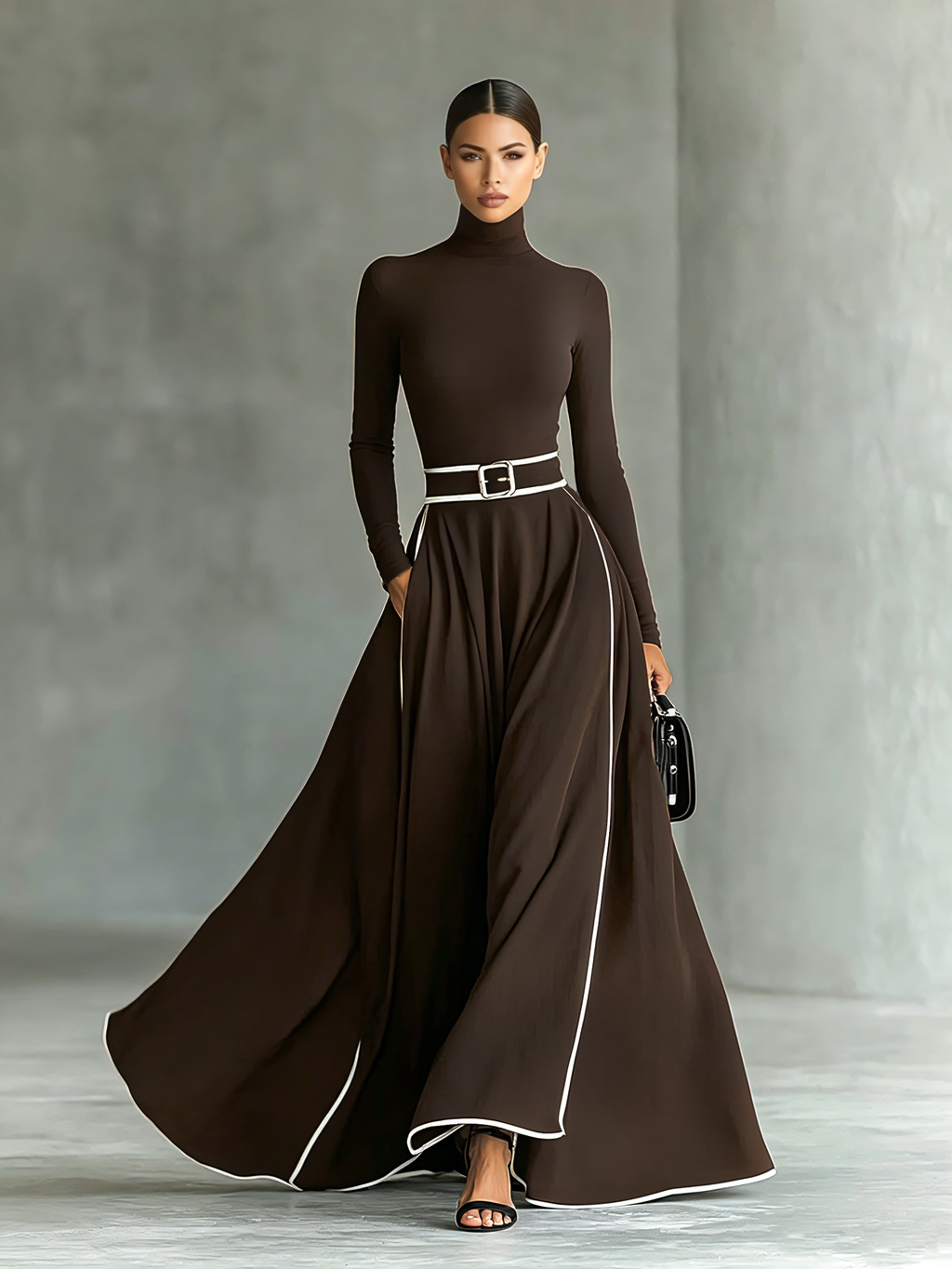 Women's Turtleneck Maxi Dress with Contrast Trim