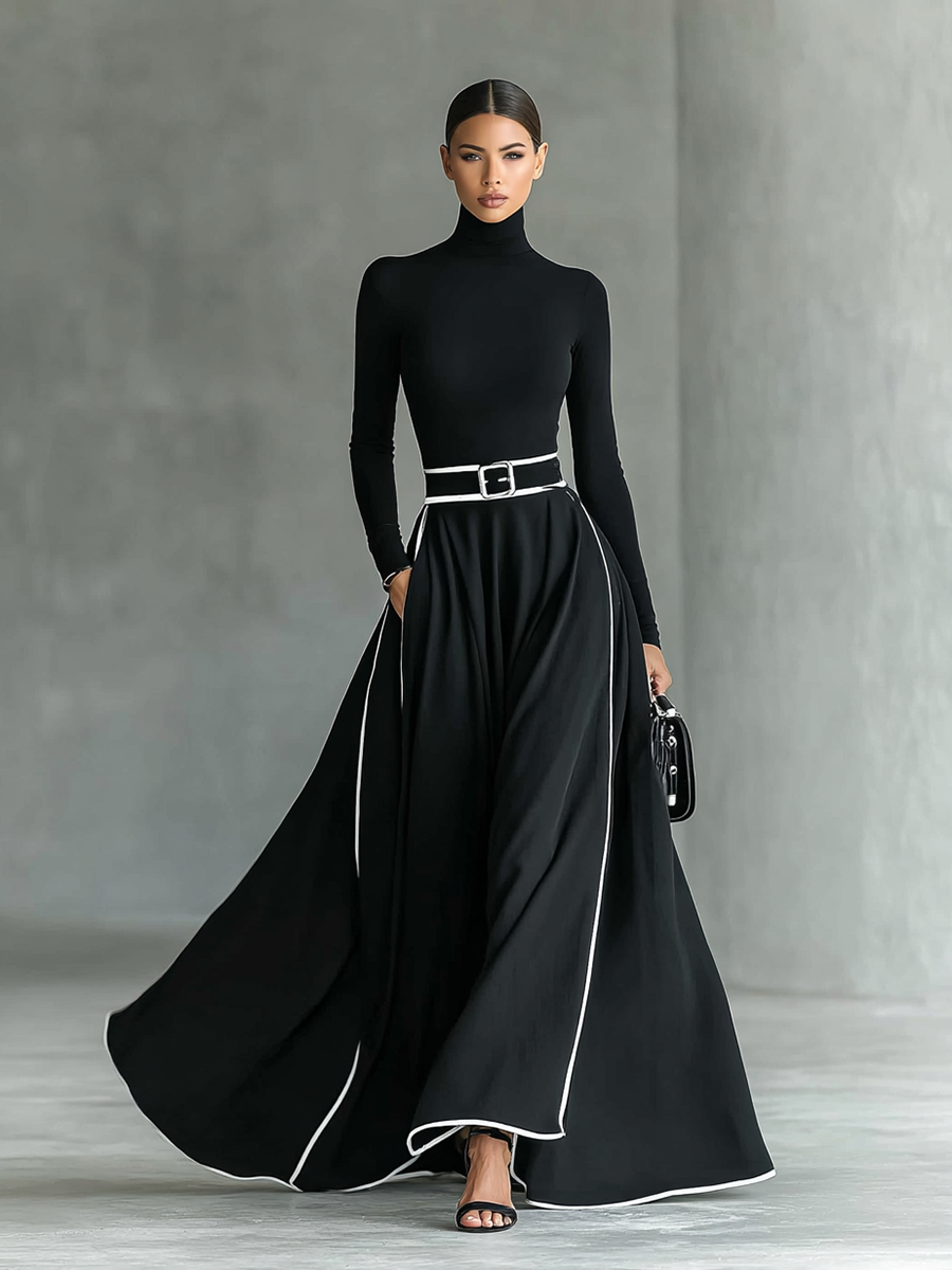 Women's Turtleneck Maxi Dress with Contrast Trim