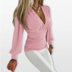 Women’s Long Sleeve V Neck Top Ruched Waist