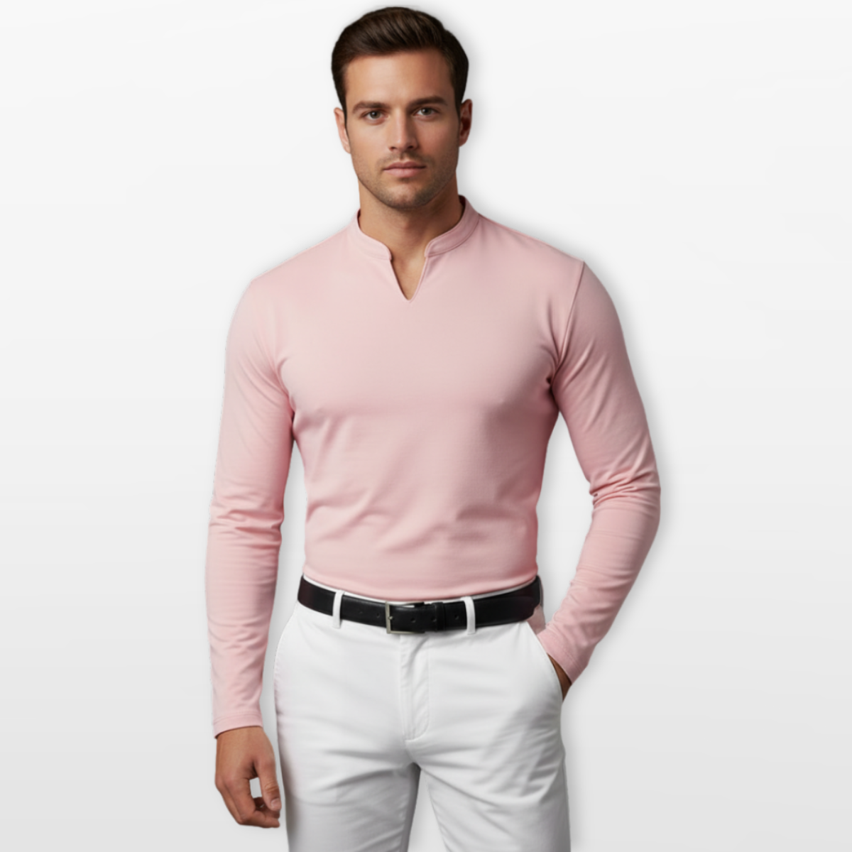 Men Long Sleeve V Neck Shirt Slim