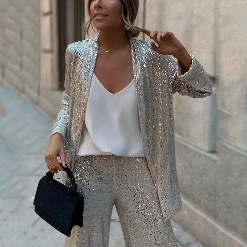 Women's Sequin Jacket and Wide-Leg Pants Set