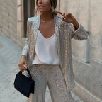 Women's Sequin Jacket and Wide-Leg Pants Set