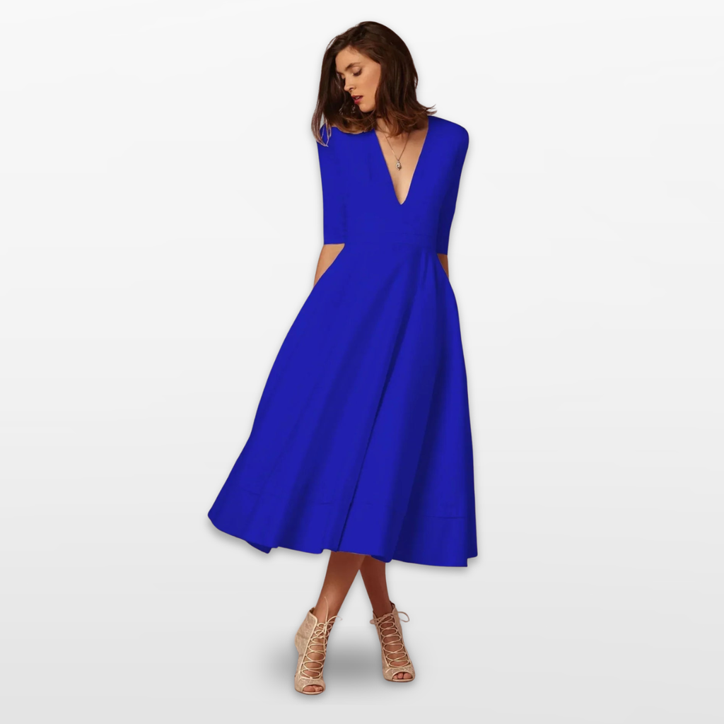 Women V Neck Fit and Flare Midi Dress