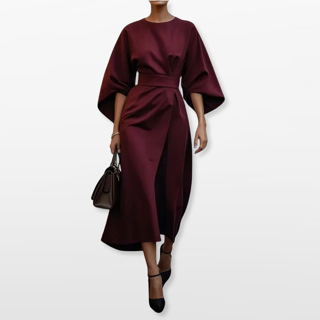 Women Elegant Midi Dress Belted Fit