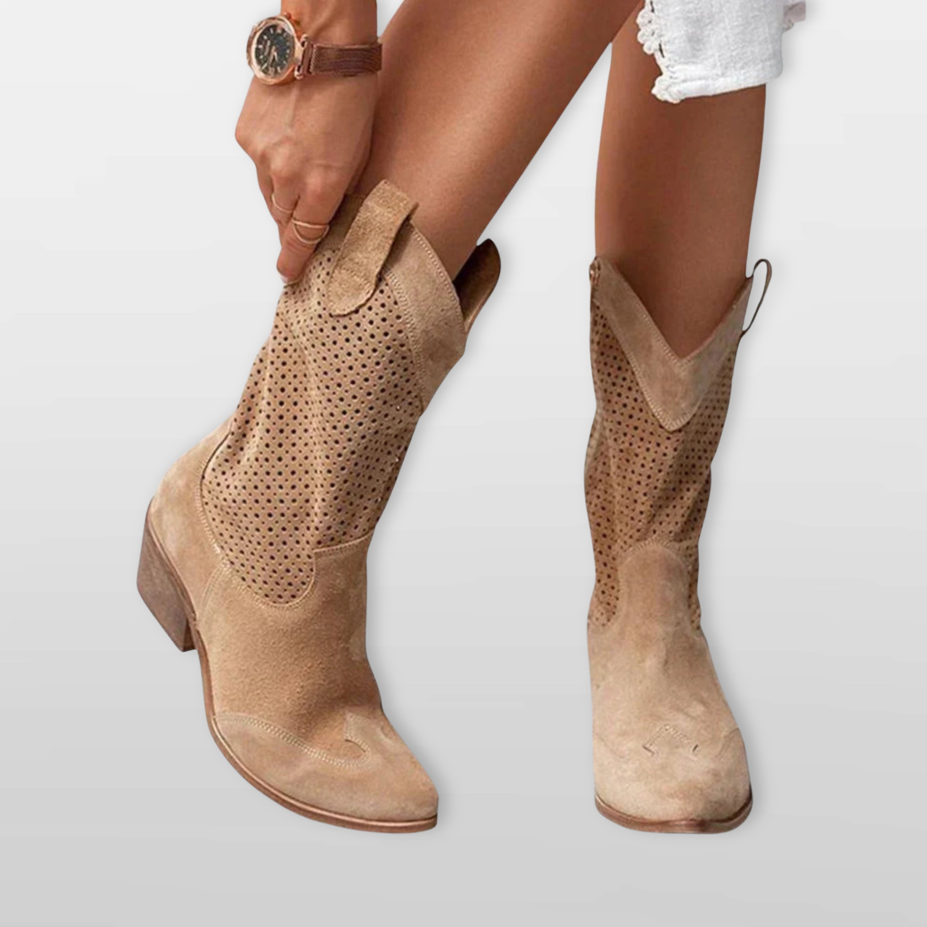 Women’s Perforated Cowboy Boots Western Suede
