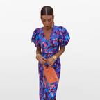 Women Ruched Puff Sleeve Midi Dress