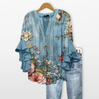 Women V Neck Blouse Floral Ruffle Sleeve
