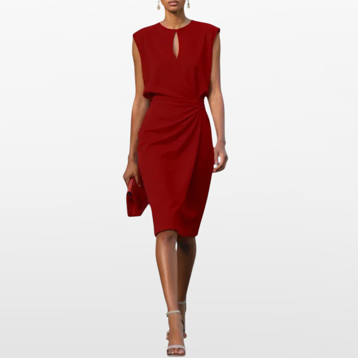 Women Elegant Midi Dress Pleated Waist
