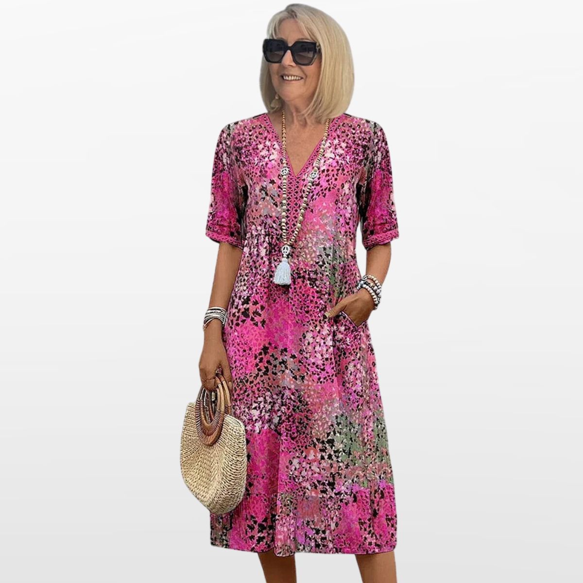 Women Boho Midi Dress V Neck