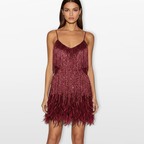 Women Feather Hem Mini Dress Elegant