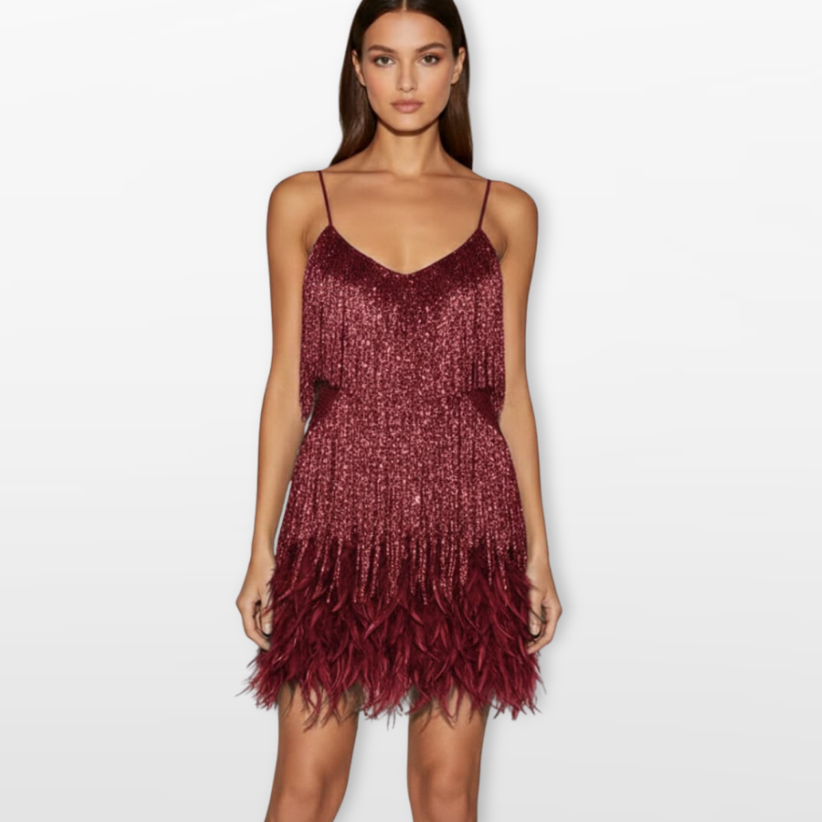 Women Feather Hem Mini Dress Elegant