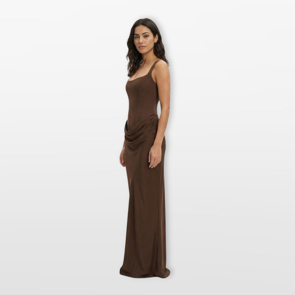 Women’s Fitted Satin Evening Dress Draped Maxi