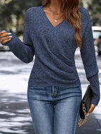 Women's V-Neck Draped Long Sleeve Top