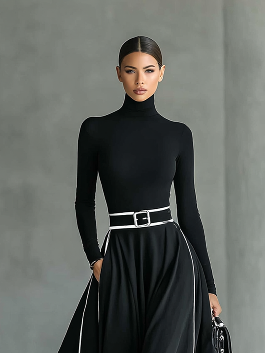 Women's Turtleneck Maxi Dress with Contrast Trim