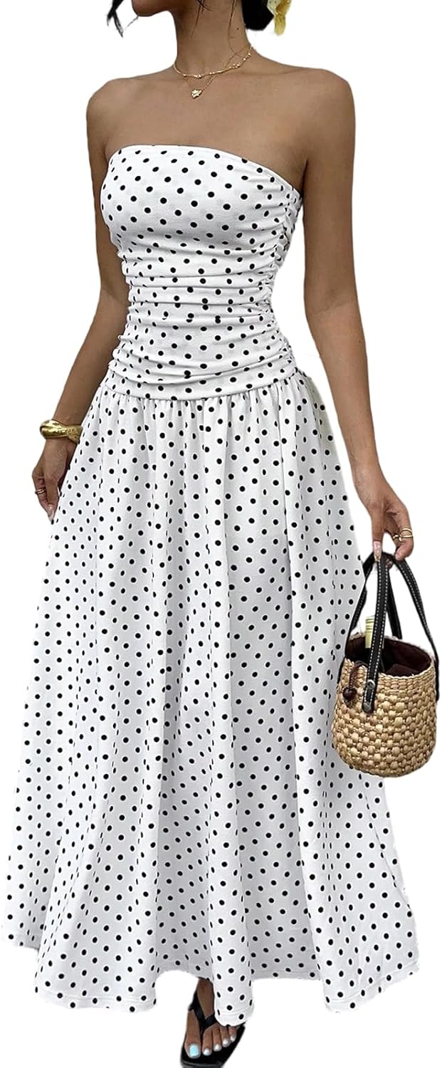 Women's Strapless Polka Dot Maxi Dress