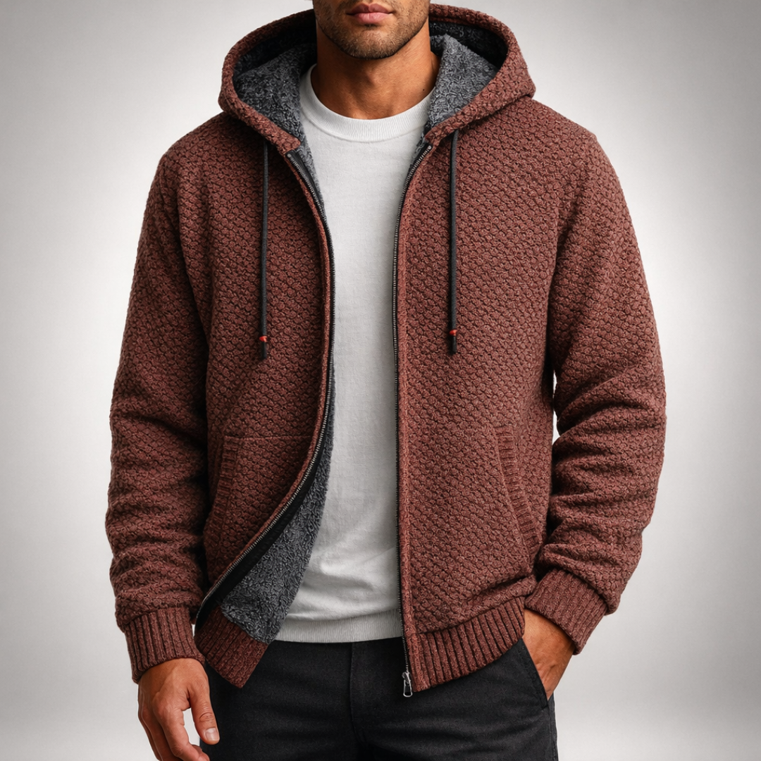 Men’s Textured Knit Hooded Zip-Up Sweater