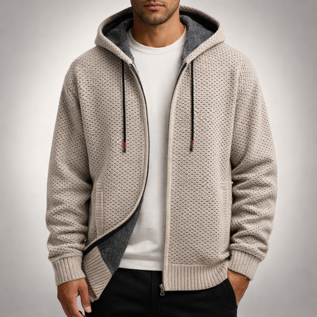 Men’s Textured Knit Hooded Zip-Up Sweater