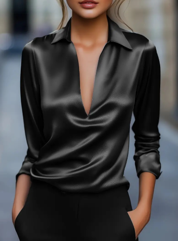 Women's Satin Top with V-Neck and Collar