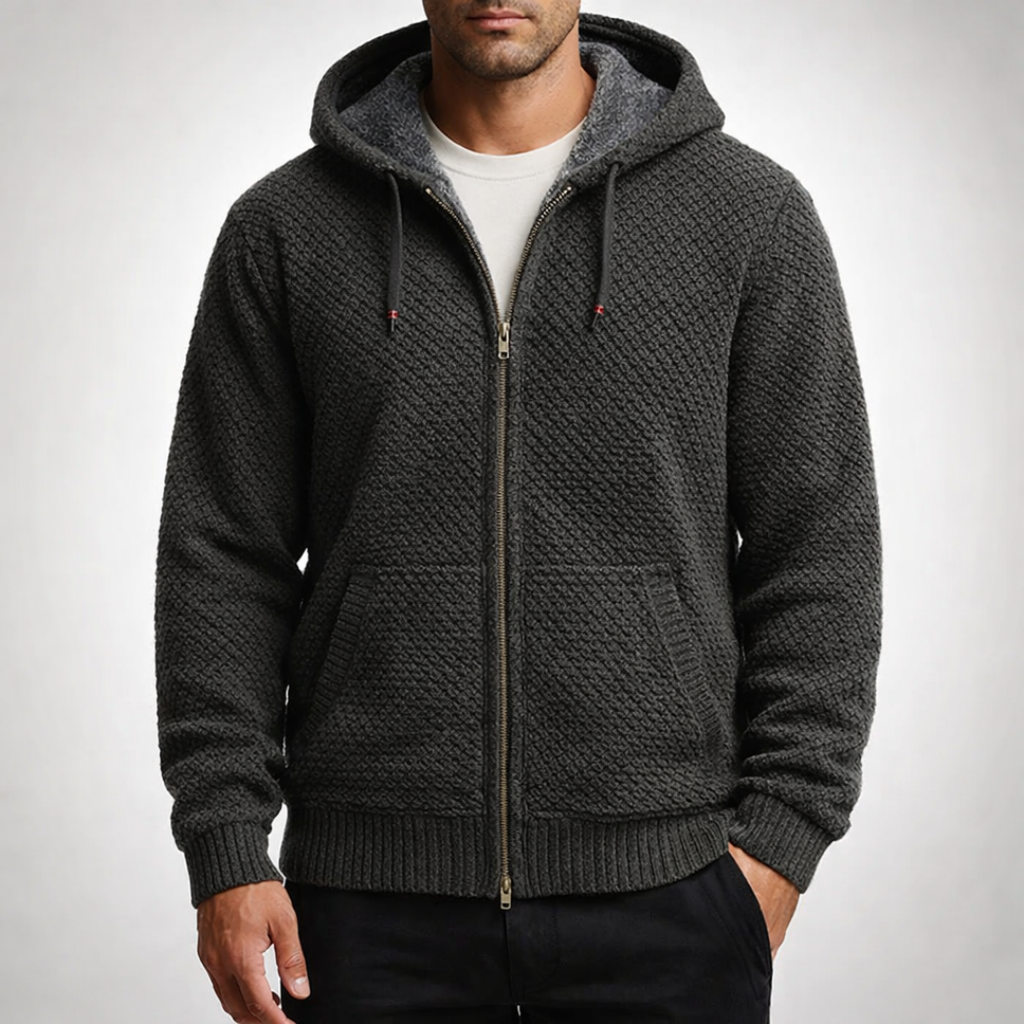 Men’s Textured Knit Hooded Zip-Up Sweater
