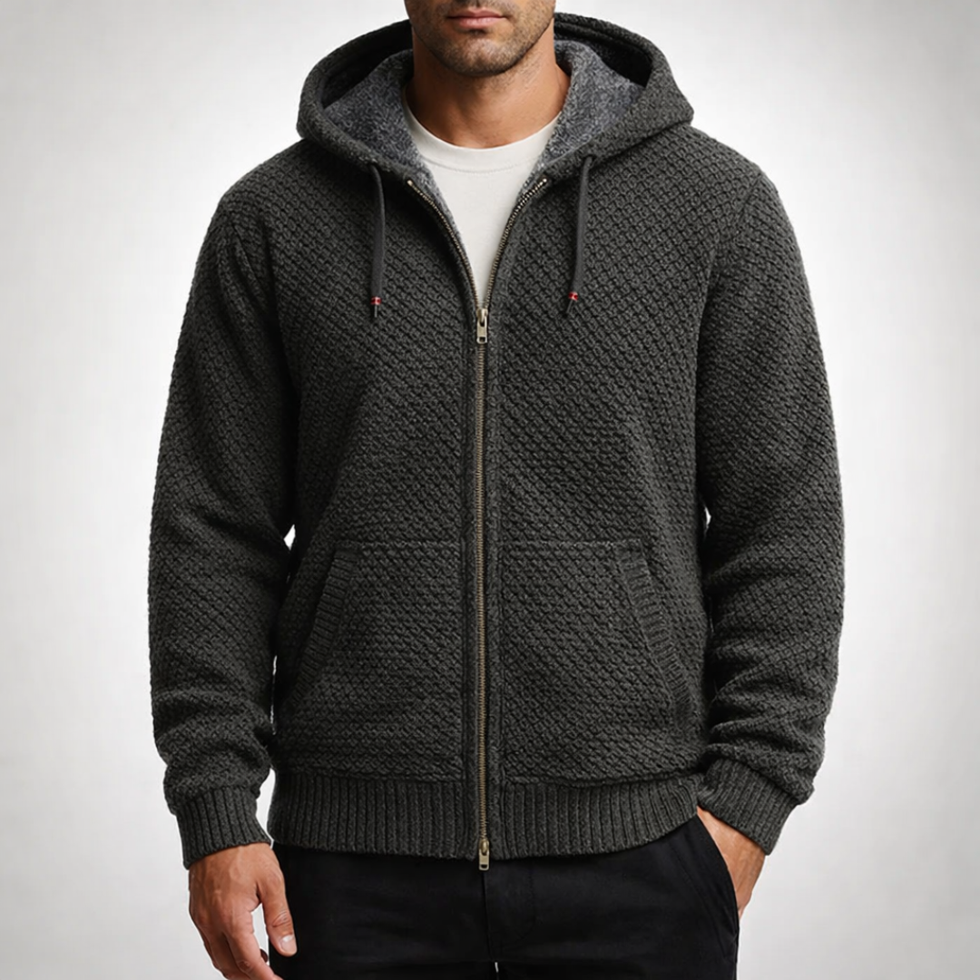 Men’s Textured Knit Hooded Zip-Up Sweater