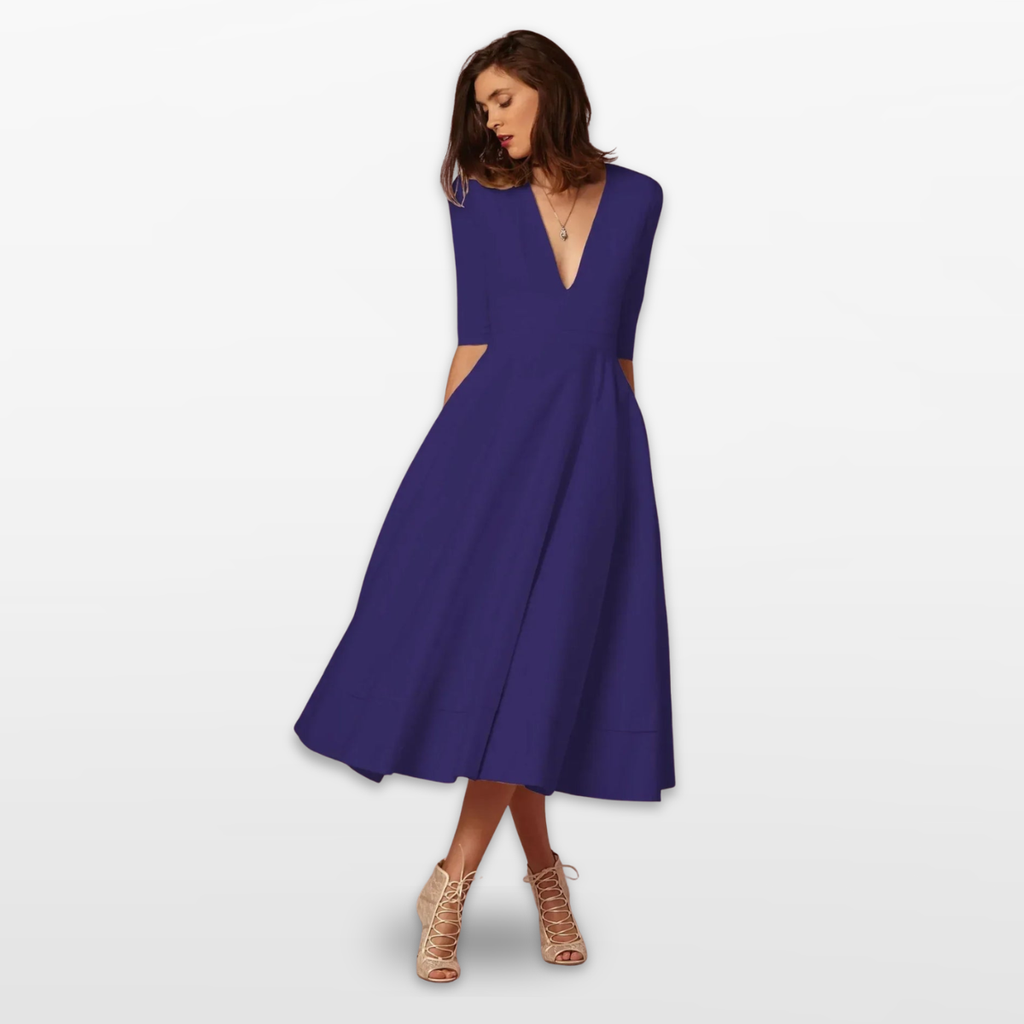 Women V Neck Fit and Flare Midi Dress