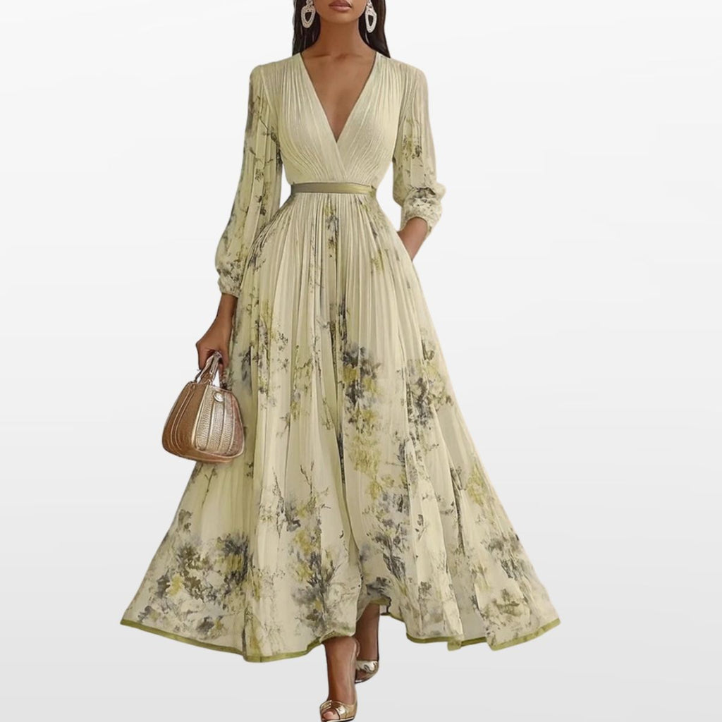 Women Elegant Pleated Maxi Dress V Neck