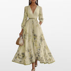 Women Elegant Pleated Maxi Dress V Neck