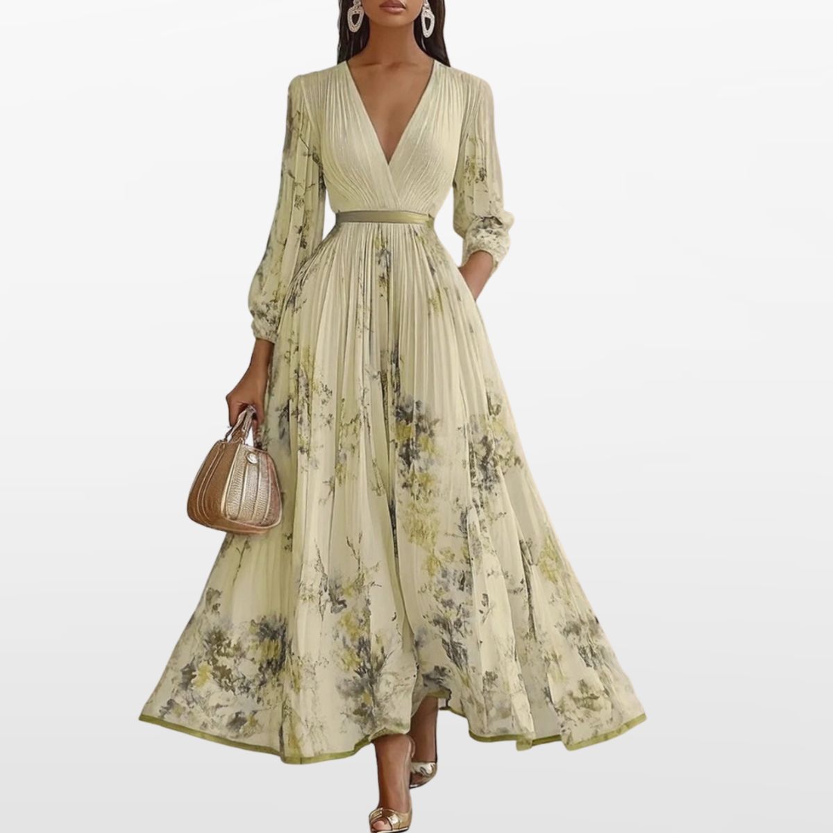 Women Elegant Pleated Maxi Dress V Neck